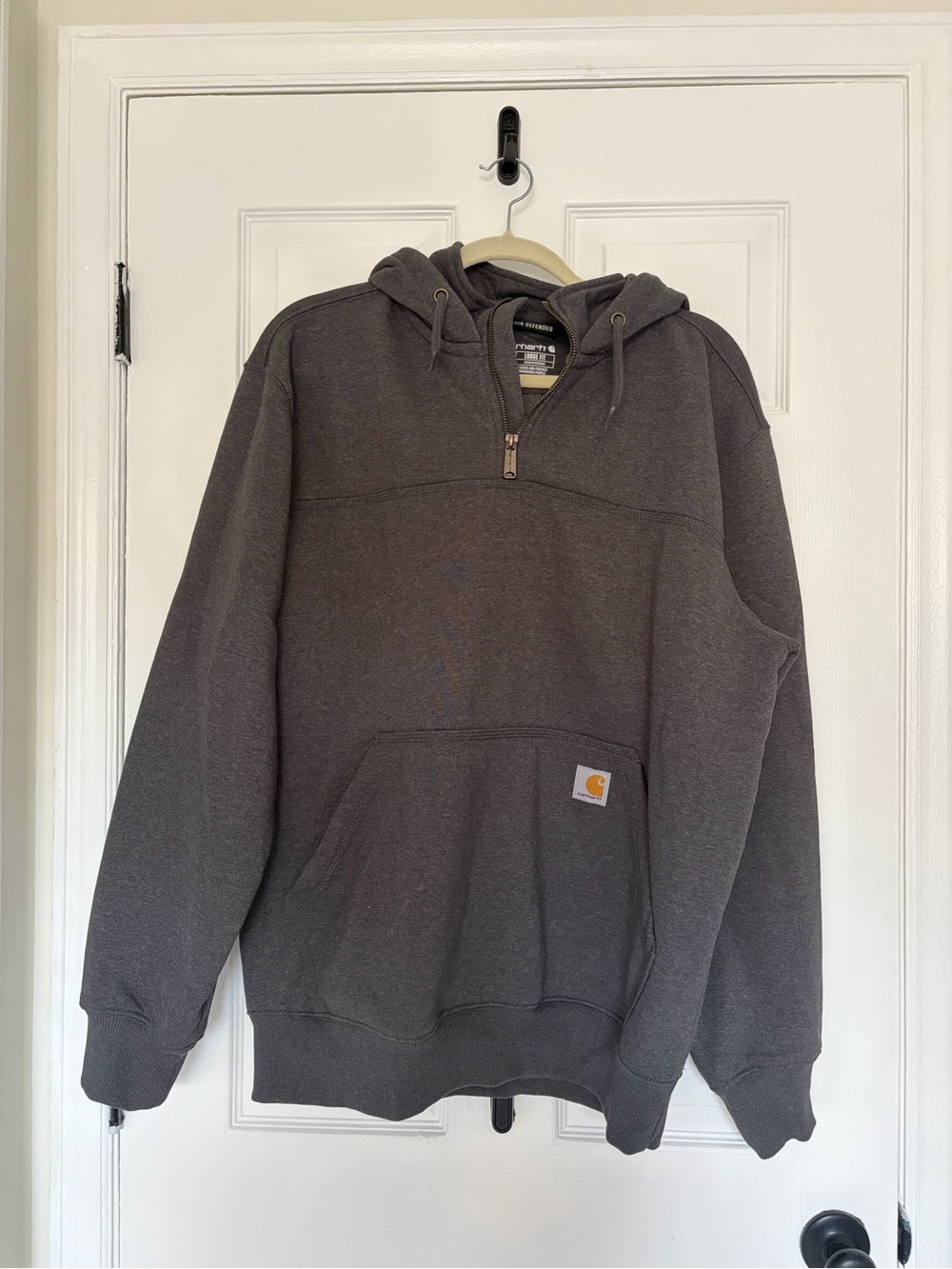 Carhartt Dark Gray Hooded Sweatshirt with Yellow Logo Patch